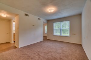 Wesley Apartments living room with a view of the trees